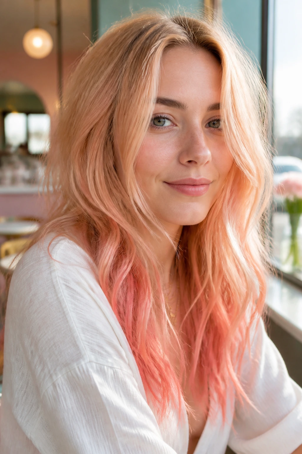 Close-up of peach-blonde hair with coral ends on a real woman
