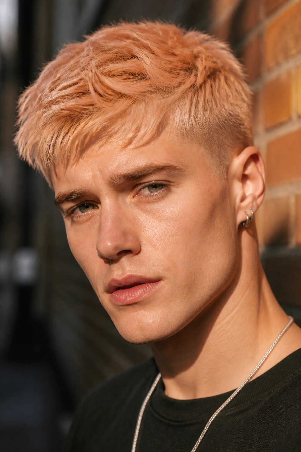Close-up of a man with peach blonde short textured cut on a sunlit street