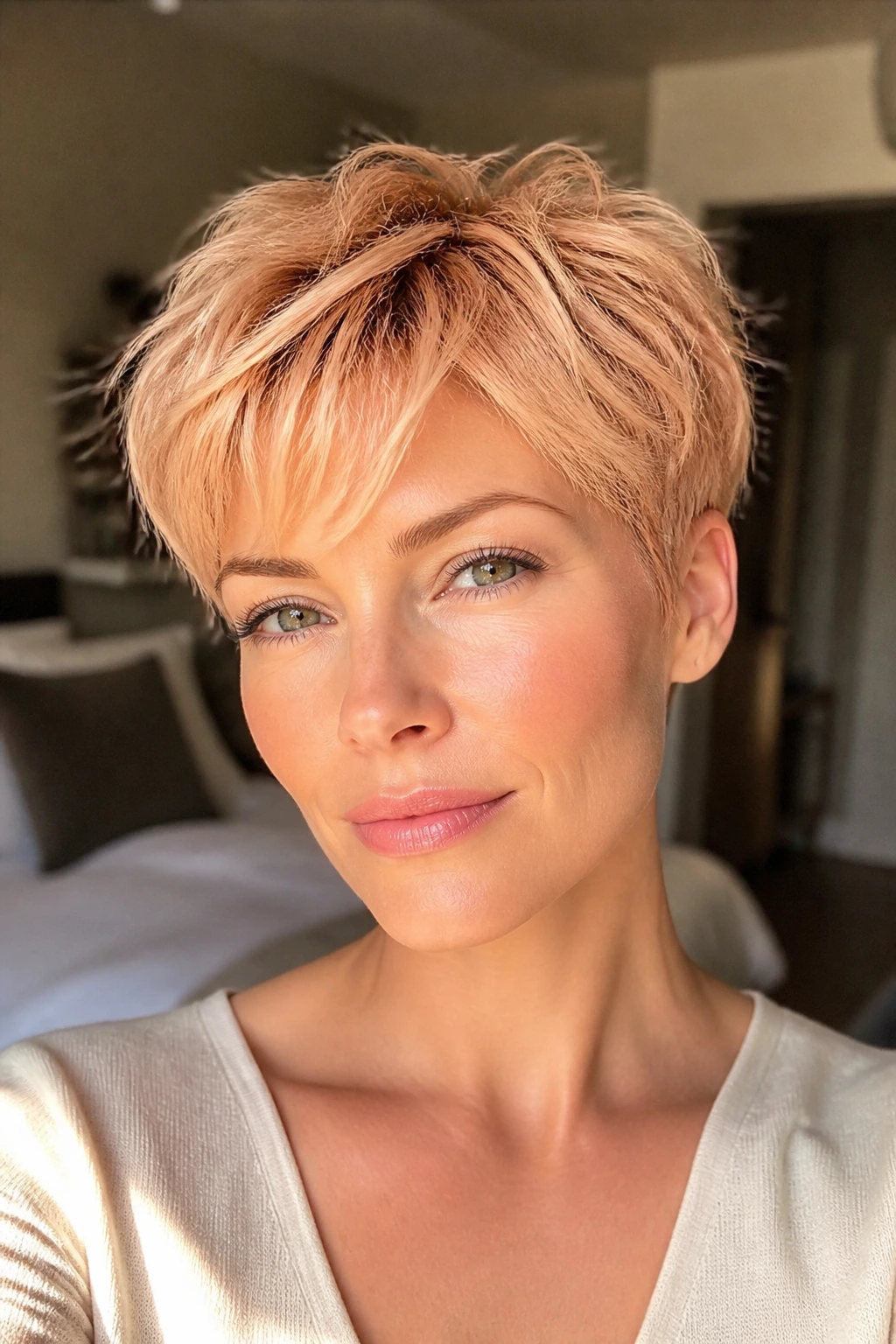 Close-up portrait of a real woman with a peach blonde textured crop in warm window light