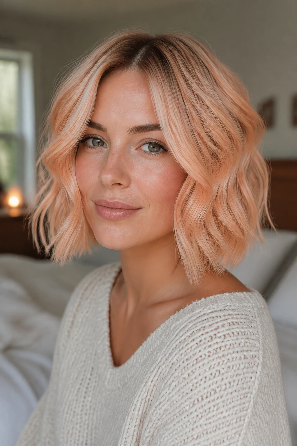Close-up of a real woman with a peach blonde wavy bob in natural window light