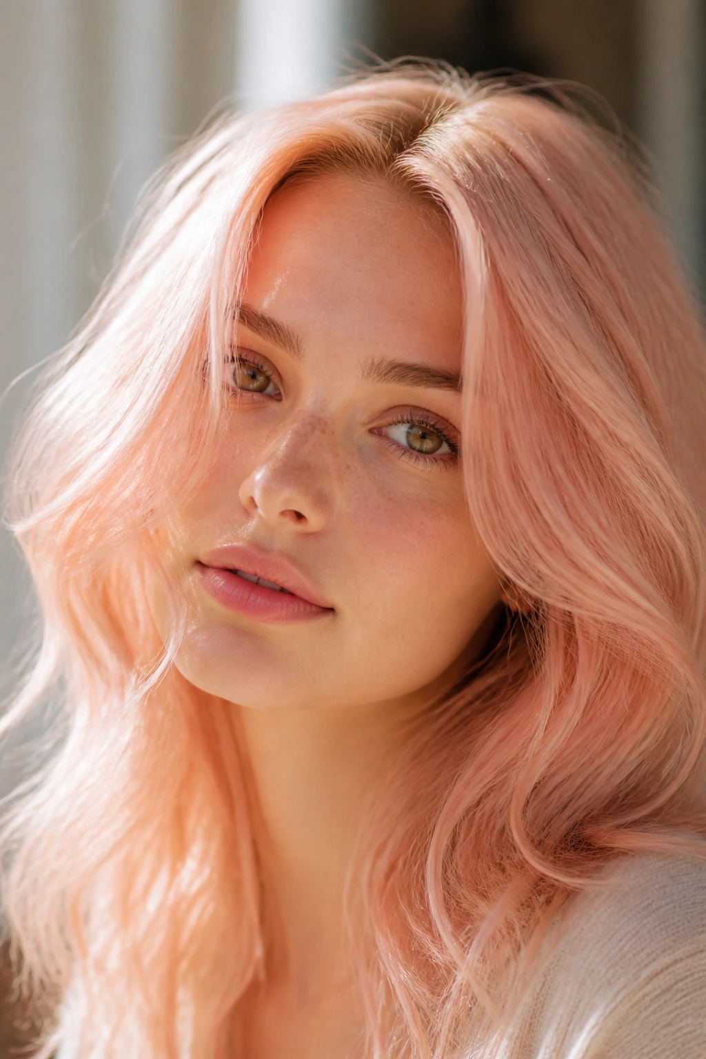 Close-up of a real woman with peach blush blonde hair in natural window light