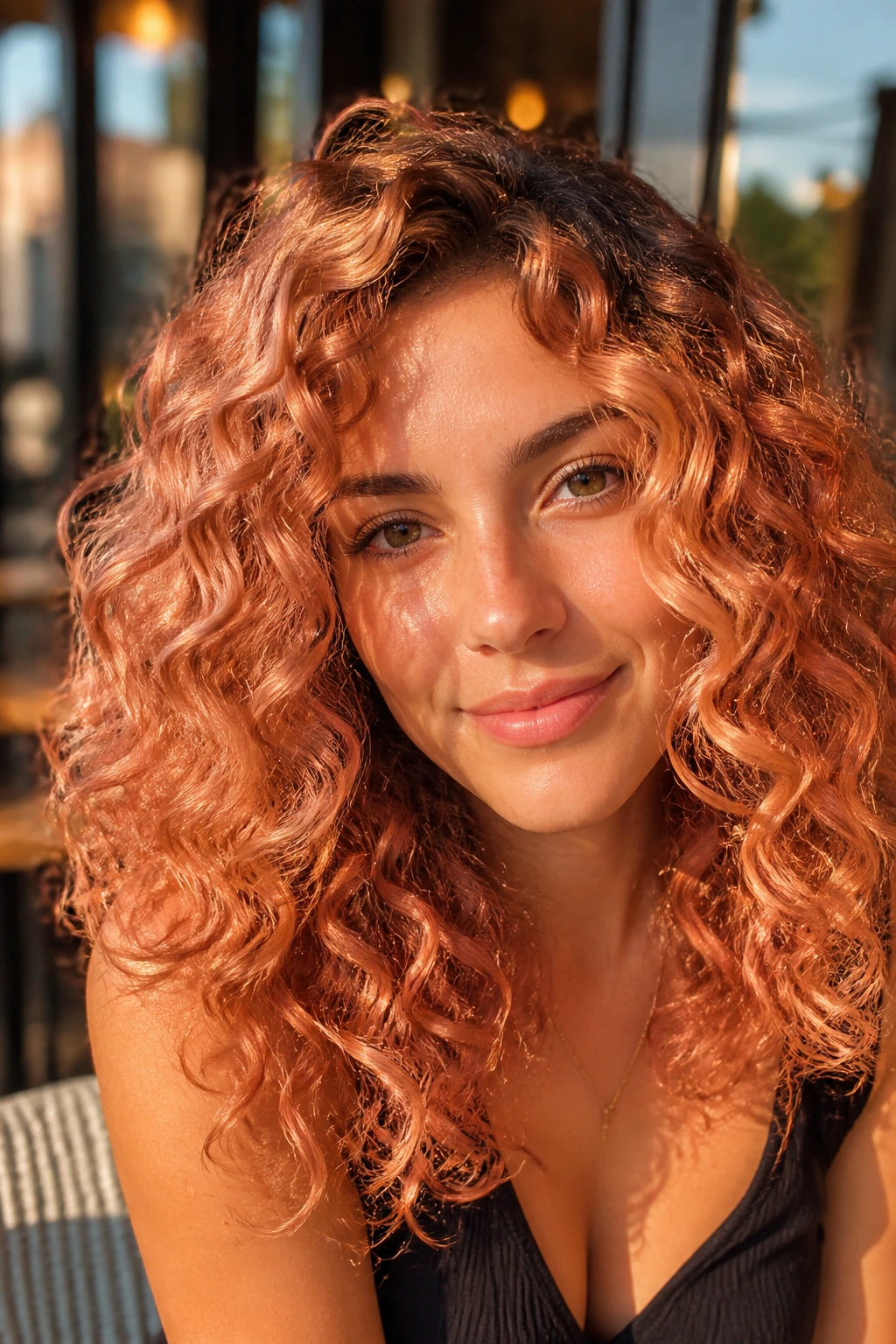 Close-up of peach bronze curly color with peach glaze on bronze base on real person's curls