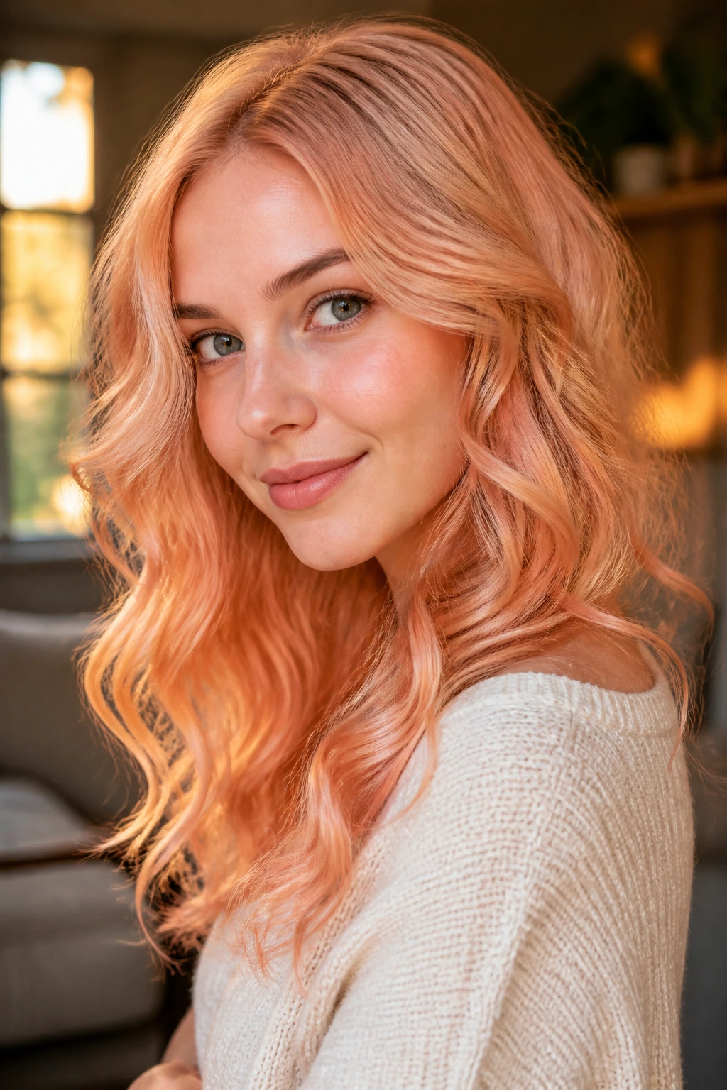 Real woman with peach champagne curls glowing in warm light.