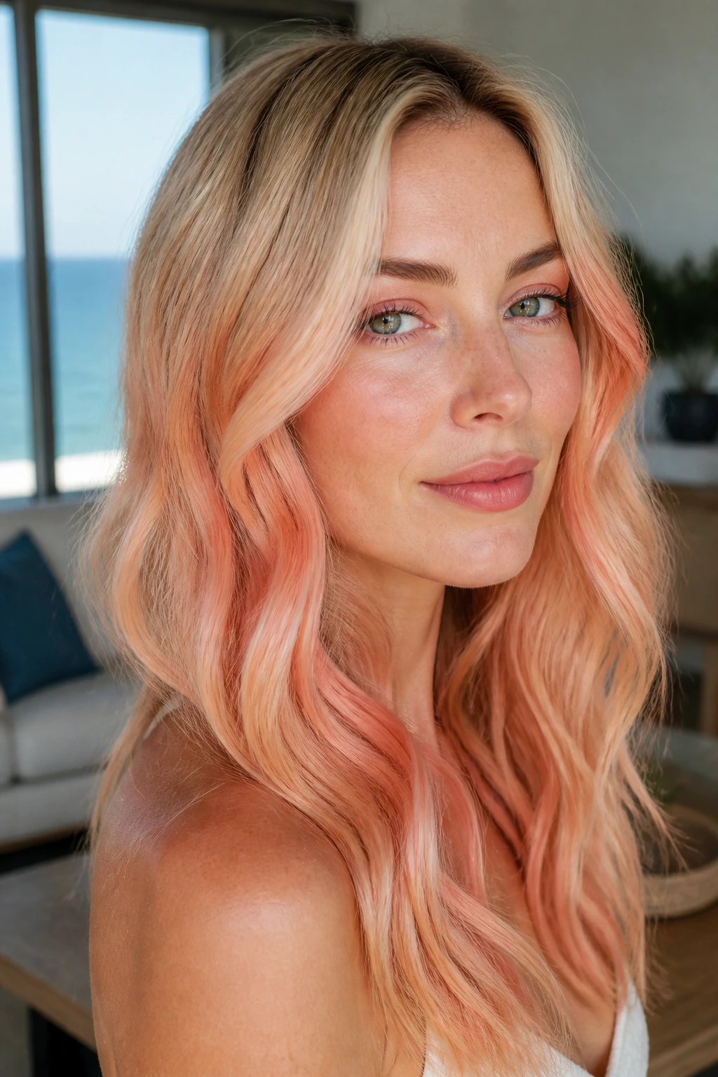 Close-up of a woman with peach champagne fade hair in a coastal living room
