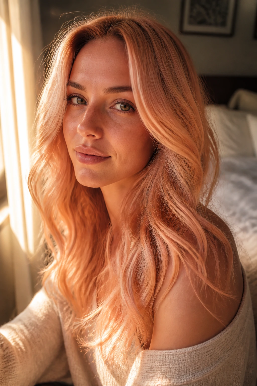 Close-up portrait of a real woman with peach copper blonde hair by a warm window.