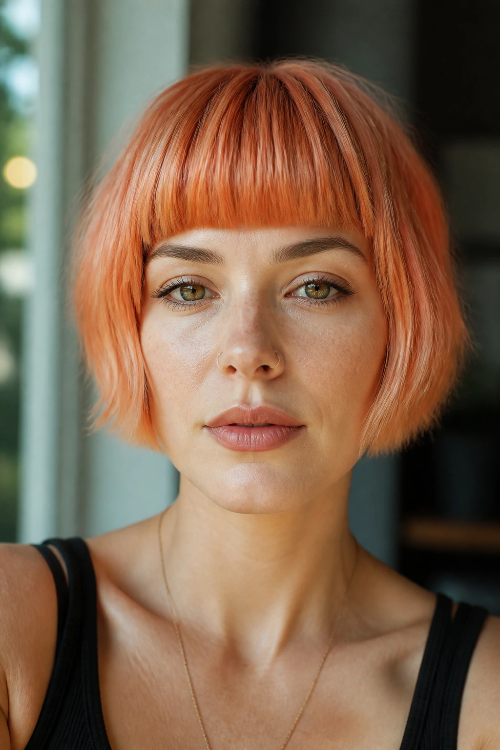 Close-up portrait of a woman with peach copper blunt crop hairstyle.