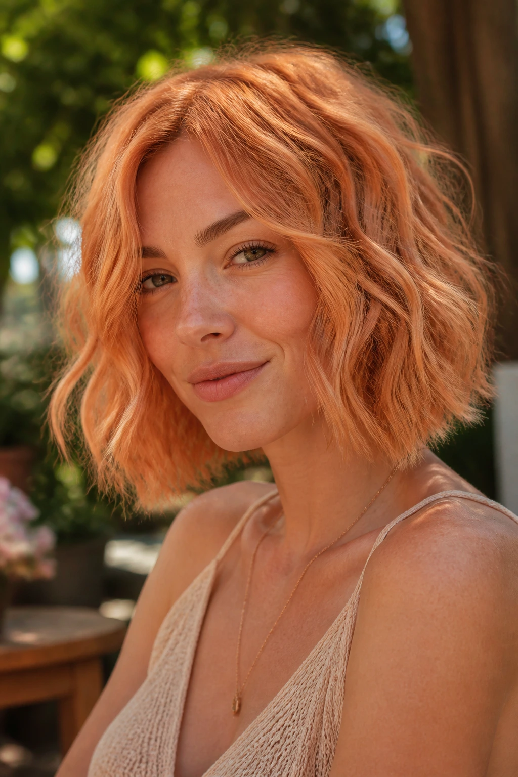 Close-up of a peach copper wavy bob in golden hour light
