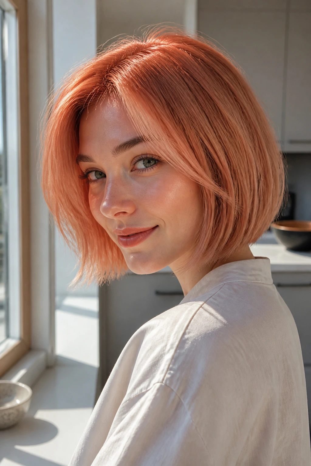 Close-up of a peach copper bob on a real person in bright daylight