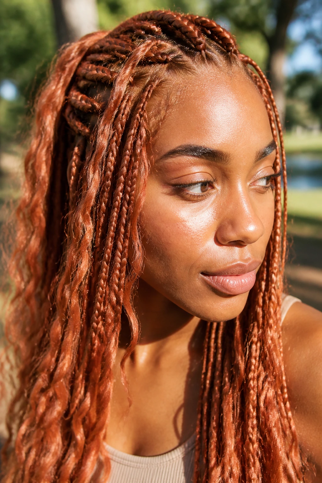 Real woman with peach copper braids in loose style, sunlit park background.