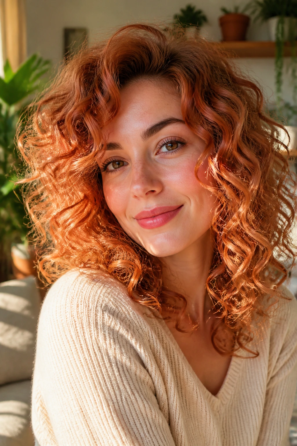 Close-up portrait of a real person with peach copper on curly hair