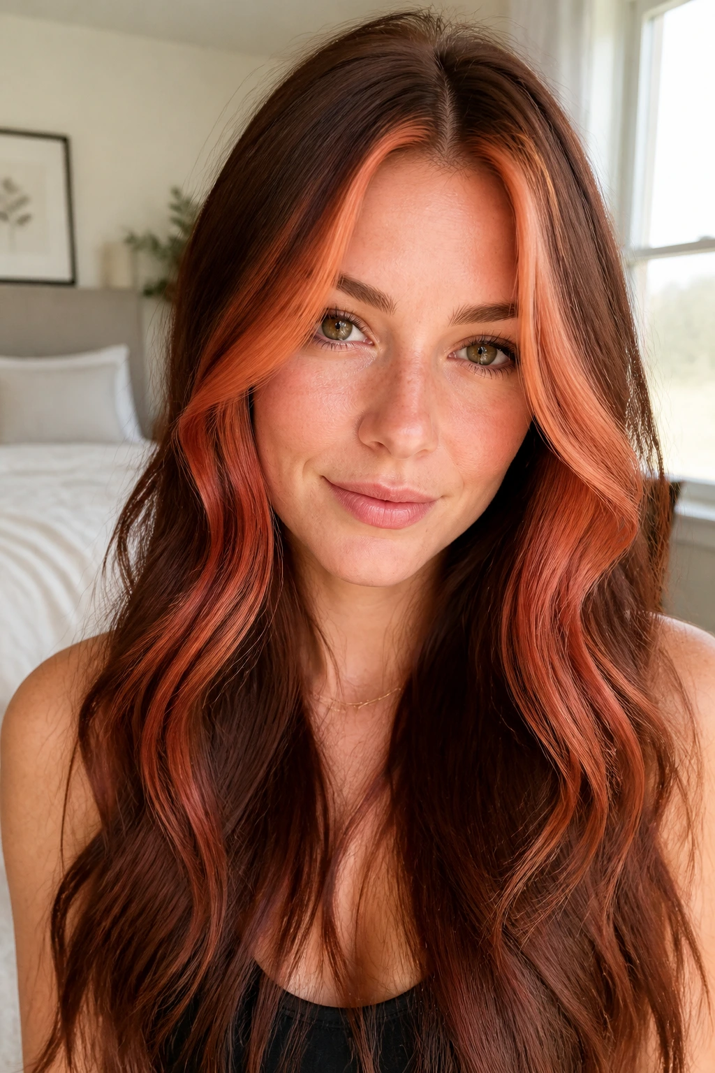 Close-up of real woman with peach copper face-frame hair