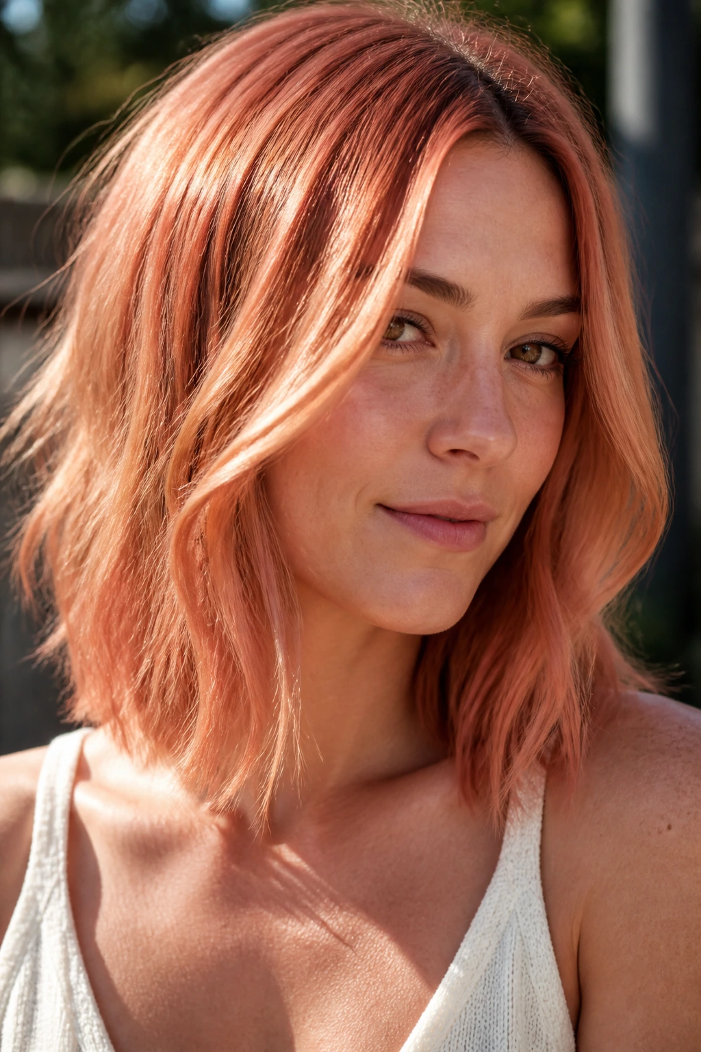 Close-up of peach copper hair on a real person