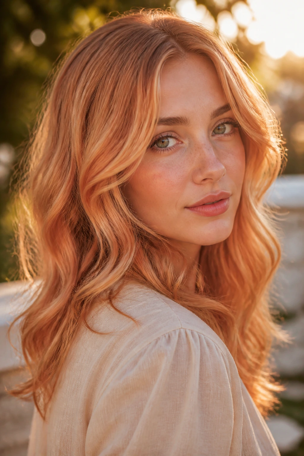 Close-up of a real woman with peach copper on soft waves at golden hour