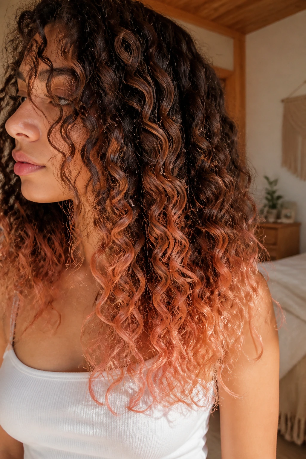 Close-up of peach coral dip-dye on curly hair ends with feathered fade in a sunlit room