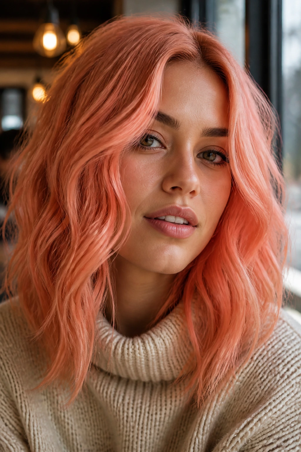 Close-up portrait of a real woman with peach coral gloss hair in loose waves