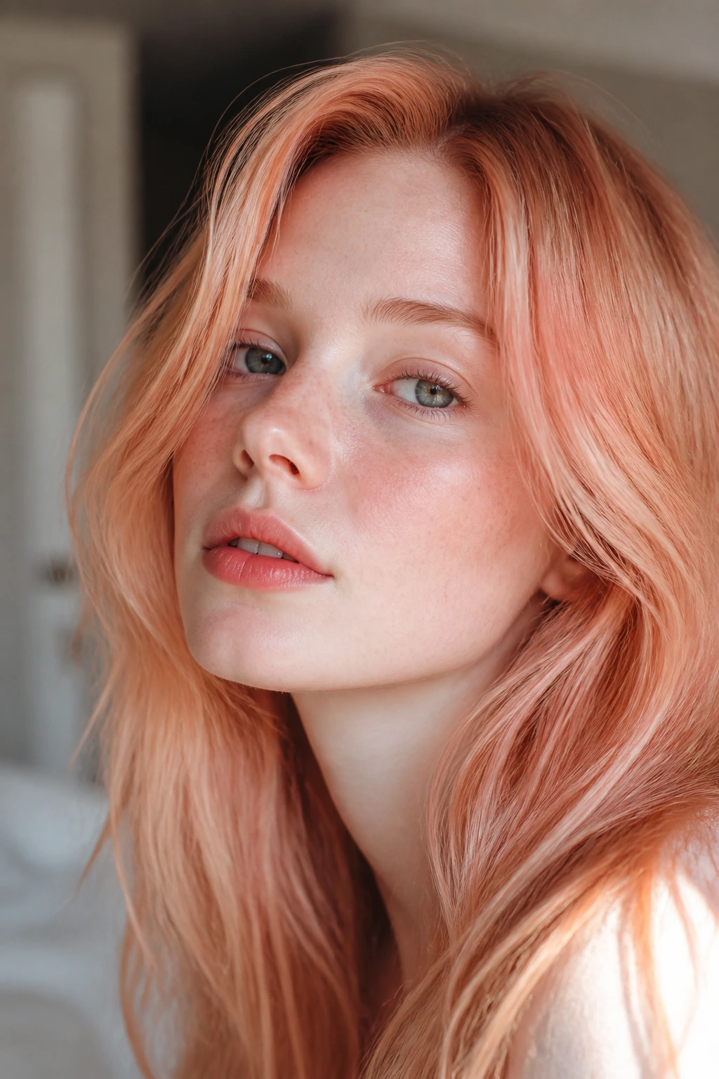 Close-up of pale-skinned model with peach coral gloss on blonde hair.