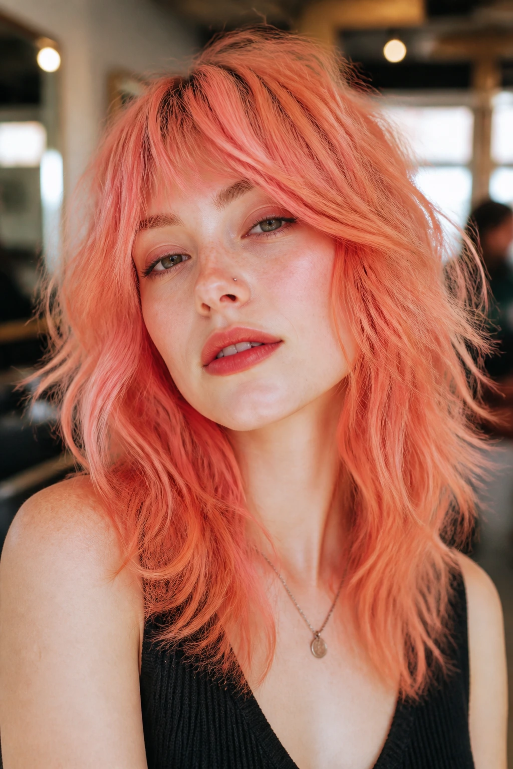 Close-up of a real person with peach coral shag displaying textured layers