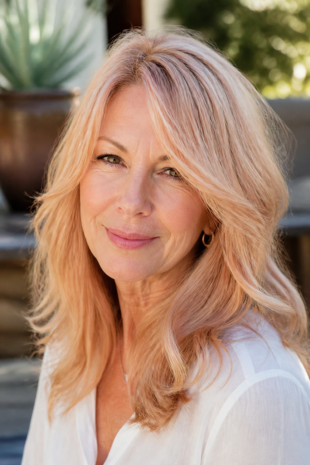Close-up of a real woman with Peach Cream Blonde hair and subtle apricot warmth