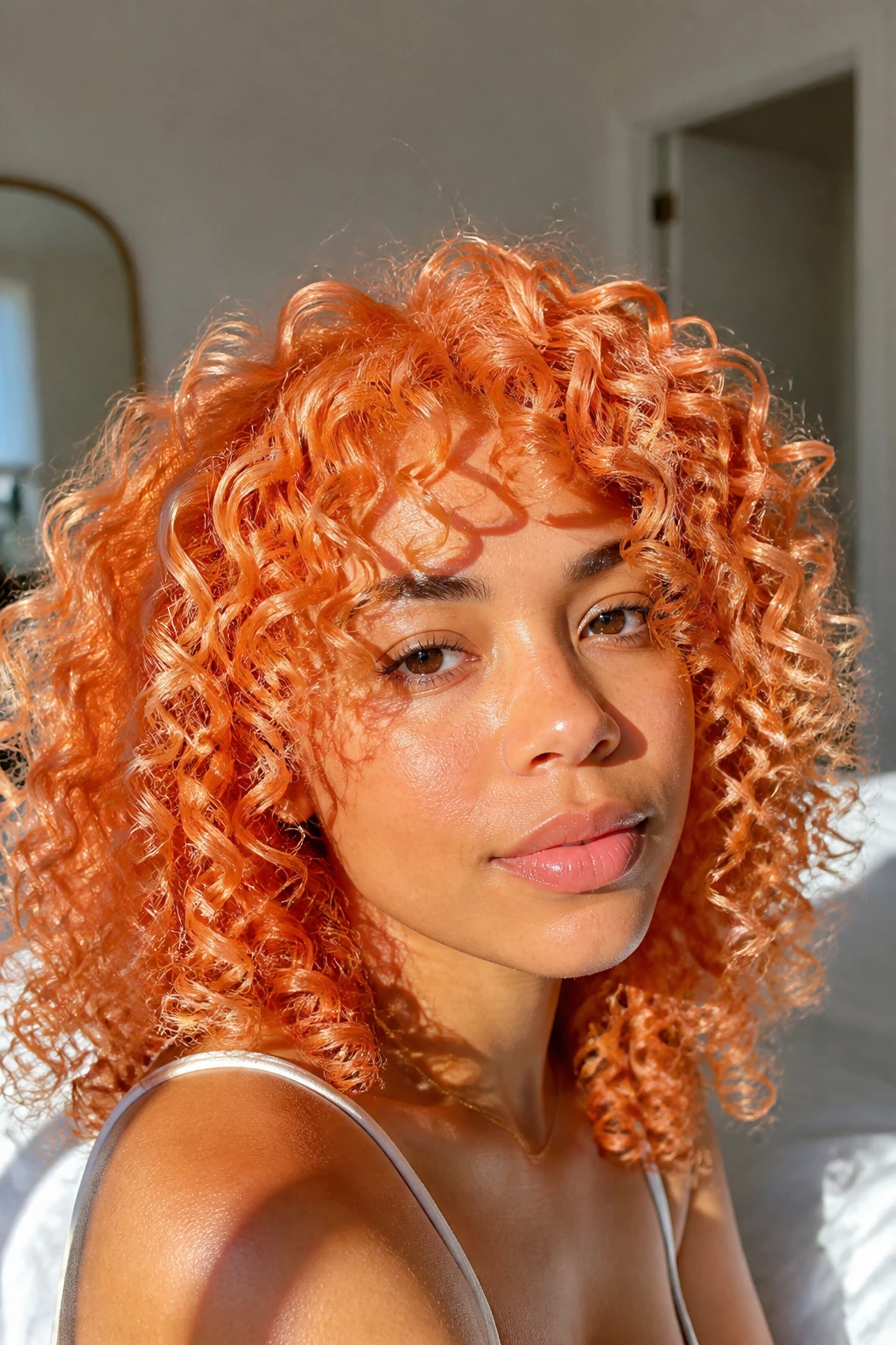 Close-up of a real woman with peach cream curls, glossy and rounded.