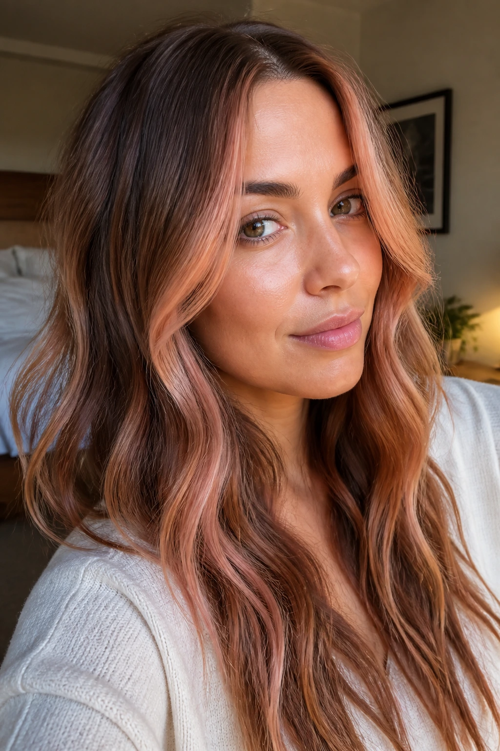 Close-up of a real woman with peach cream face frame on wavy hair in natural window light
