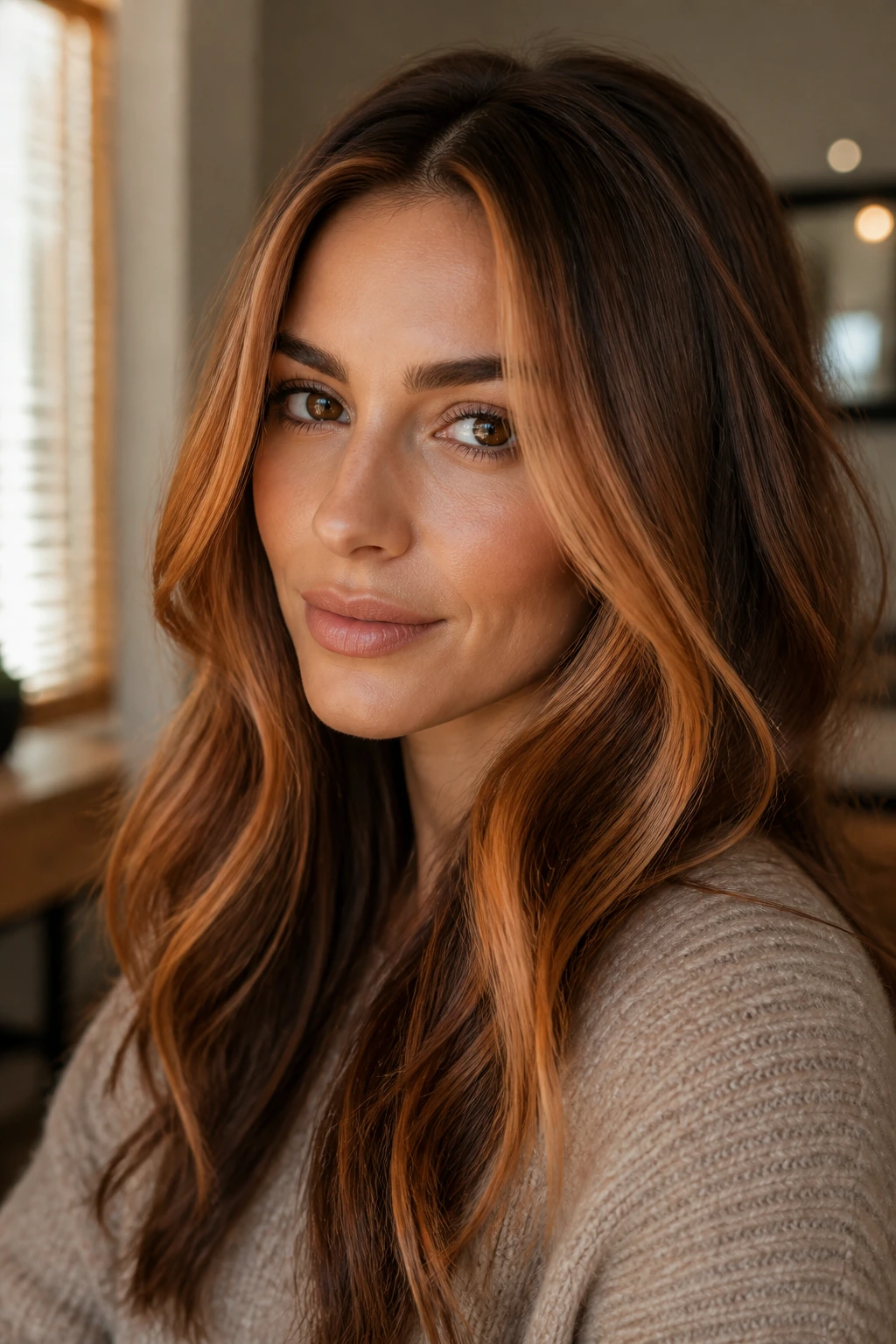 Close-up of a real woman with a golden peach face frame on warm brown hair in warm window light.