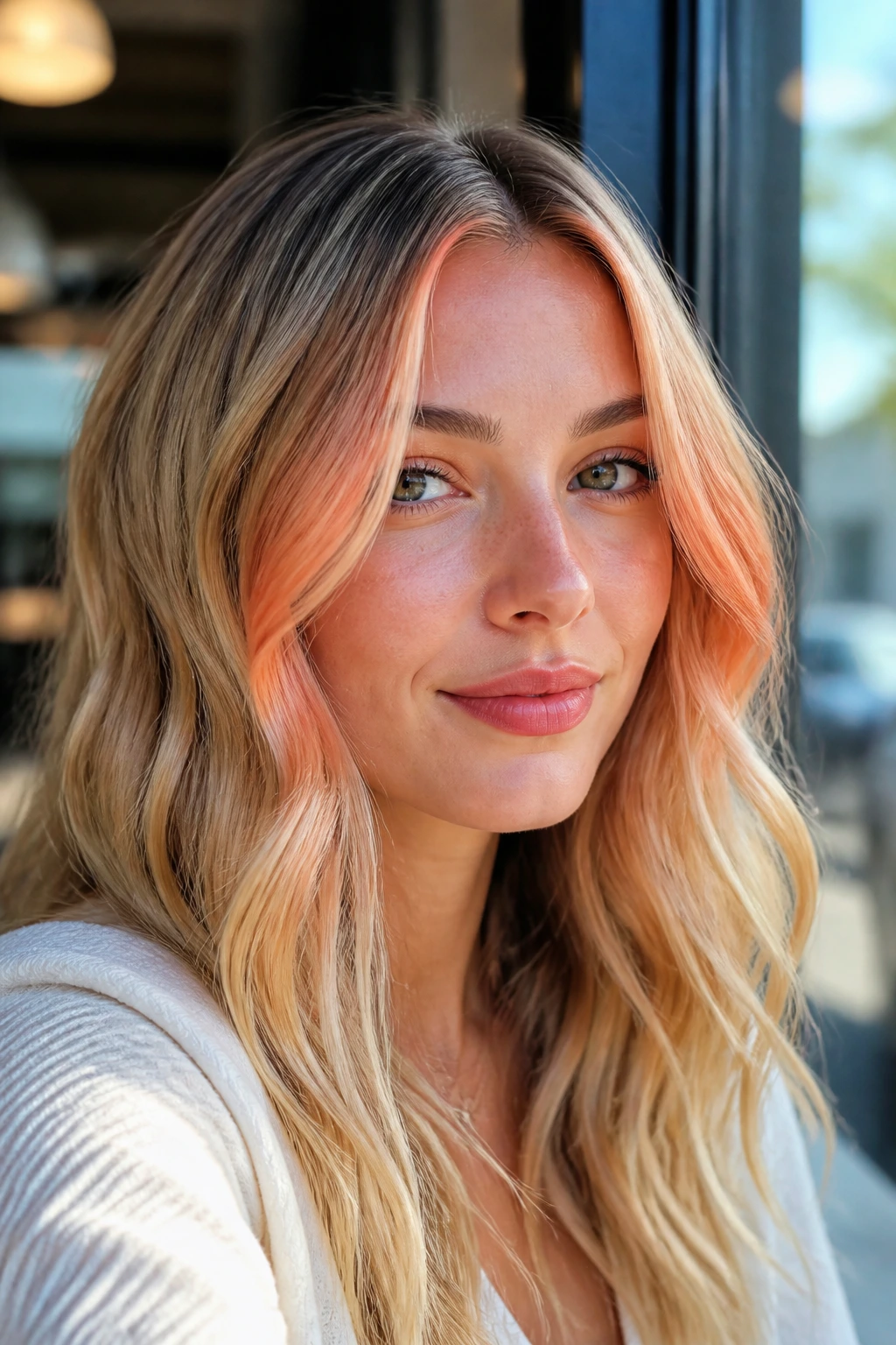 Close-up of a real woman showing peach-copper face-framing pieces around the hairline