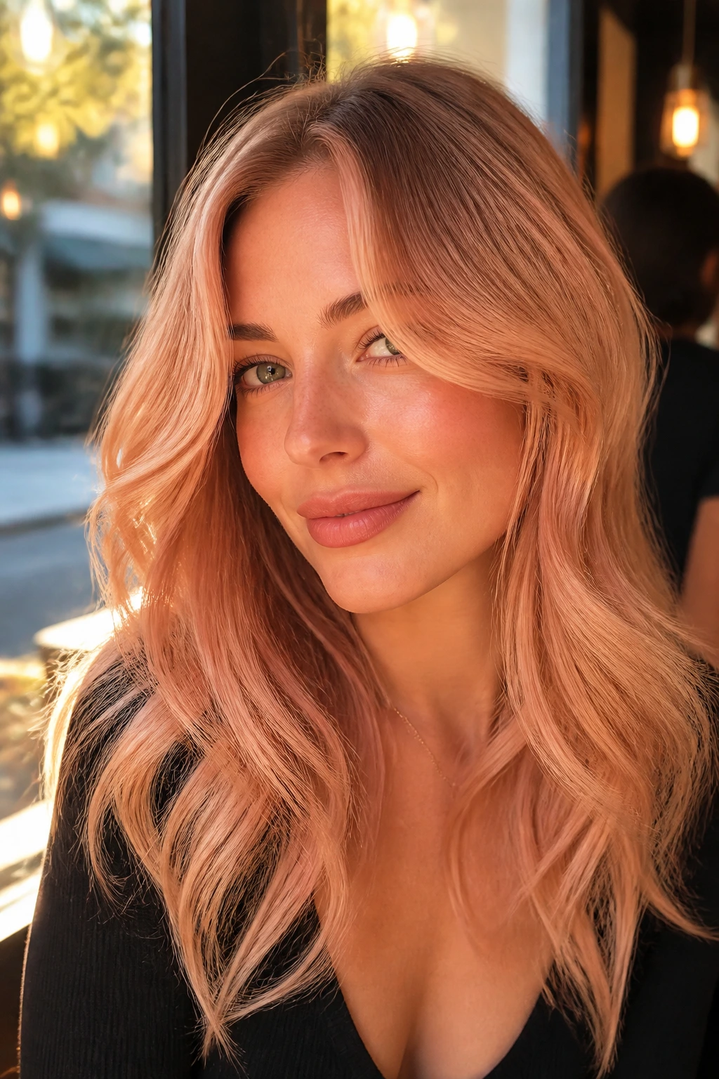 Real woman with peach-glaze honey blonde hair under warm golden light