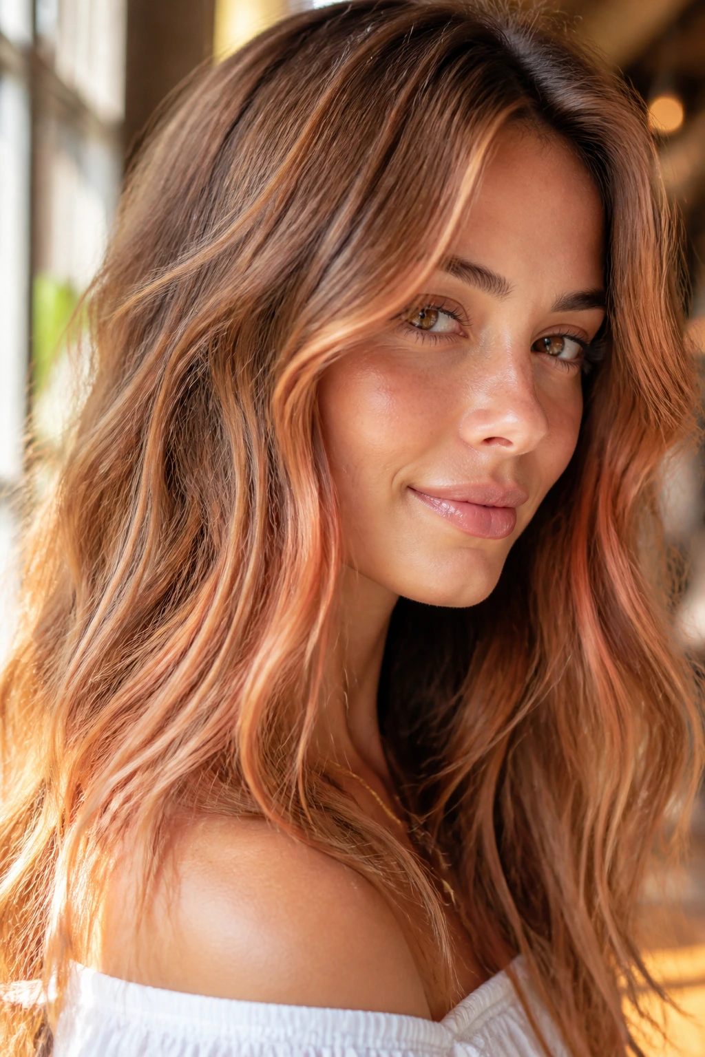 Close-up of light brown hair with peach glaze highlights, natural lighting