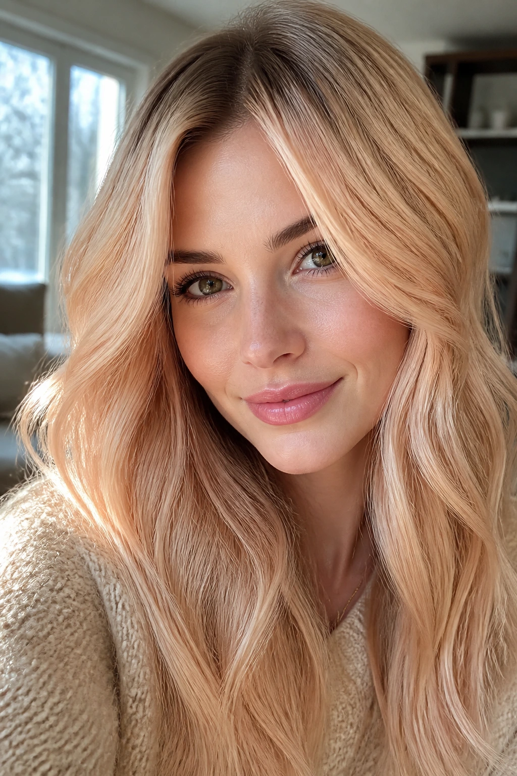 Portrait of a real woman with peach glow blonde hair in soft window light.