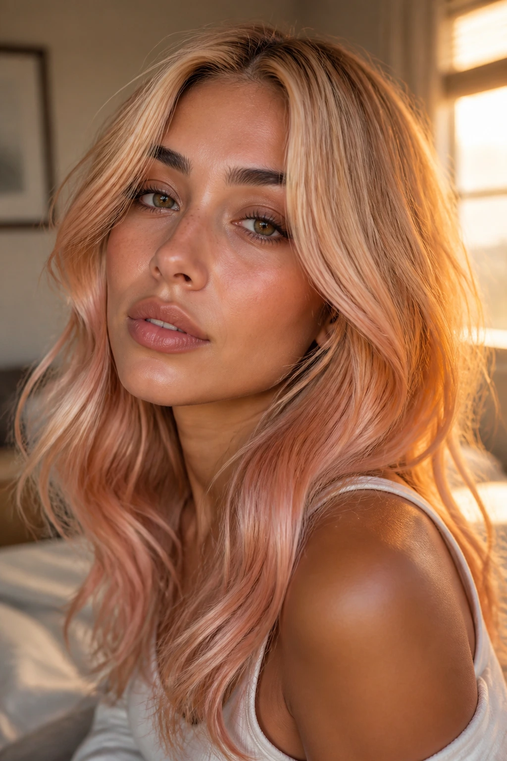 Close-up portrait of a real woman with peach-gold hair in warm lighting