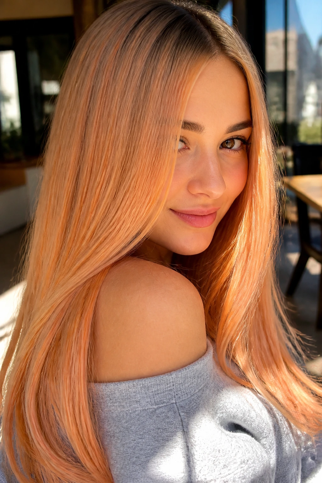 Close-up of straight hair with peach-gold glow highlights in warm daylight.