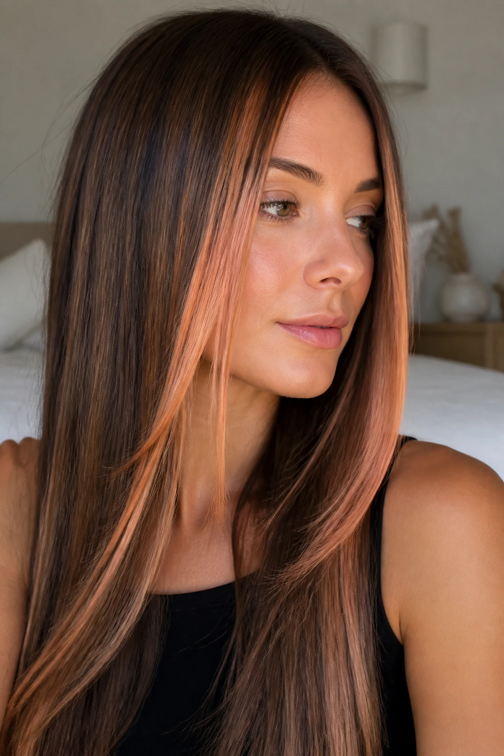 Close-up of a real woman with straight hair featuring thin face-framing peach-gold strips