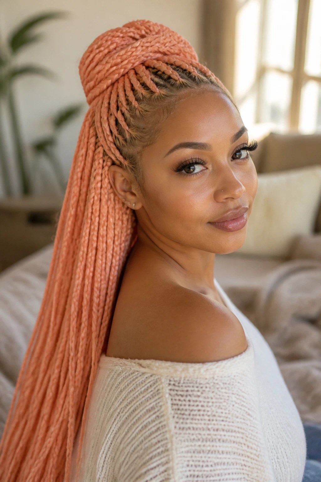Close-up of a real woman with a peach braided half-up hairstyle in warm window light