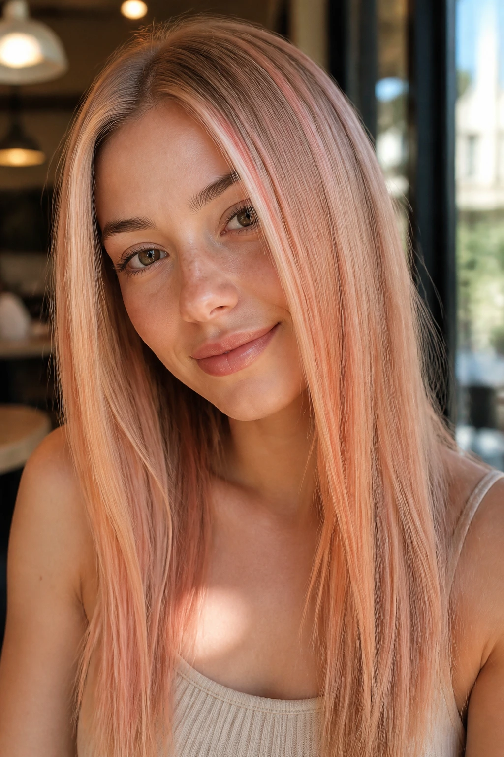 Close-up portrait of a woman with peach-tinted highlights in straight hair