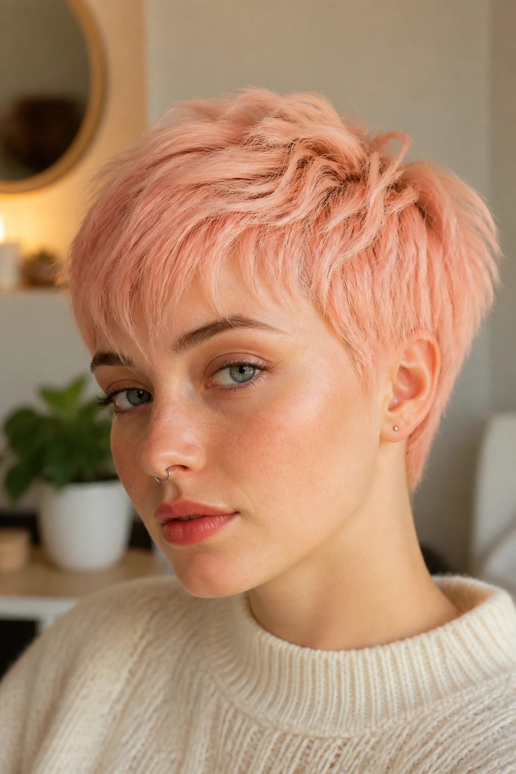 Close-up of peach pastel textured crop on a real person