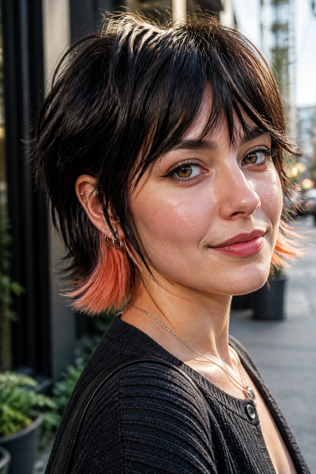 Close-up of real person with short wolf cut and peach peekaboo ends