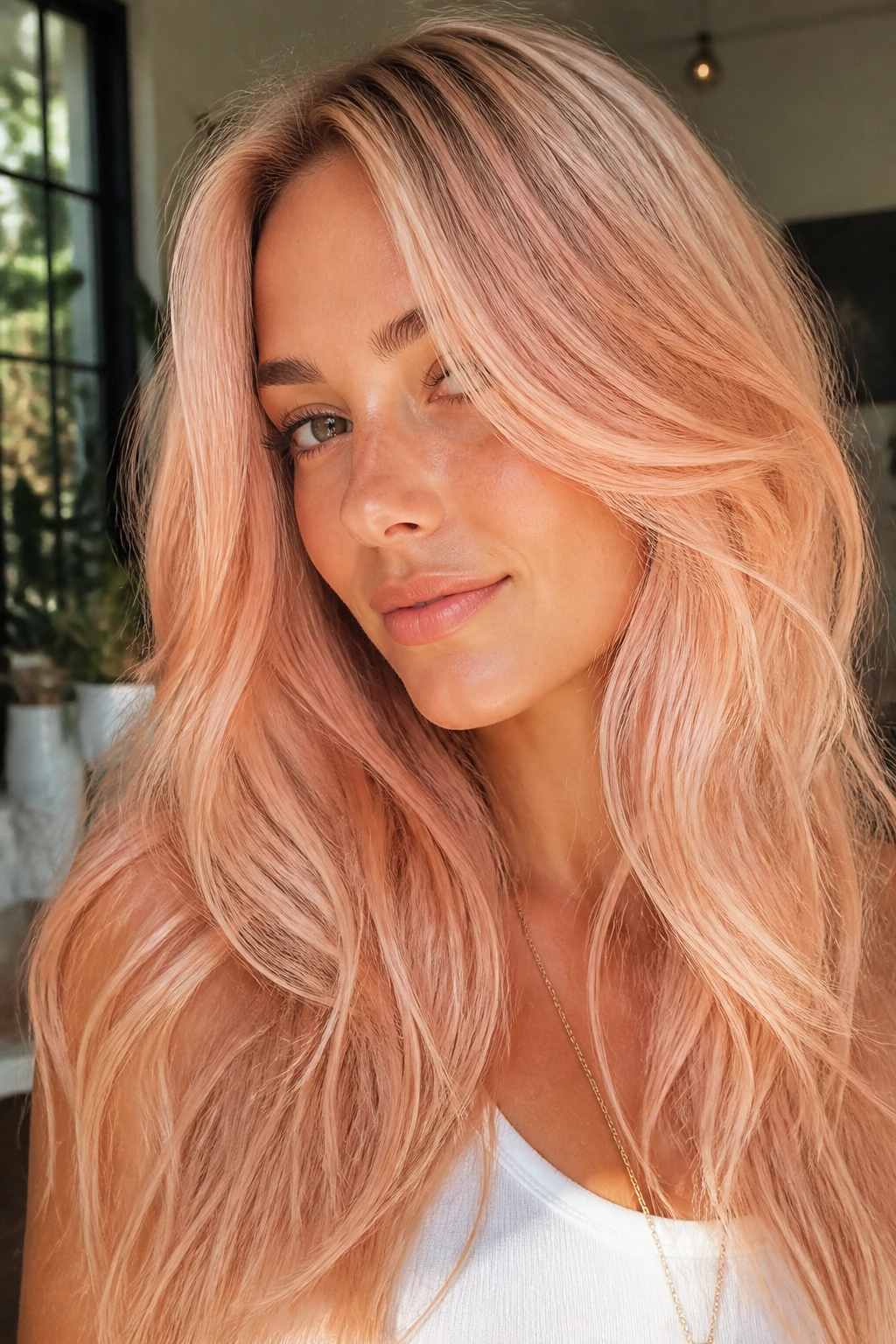 Warm peach pink on blond hair with face framing highlights.
