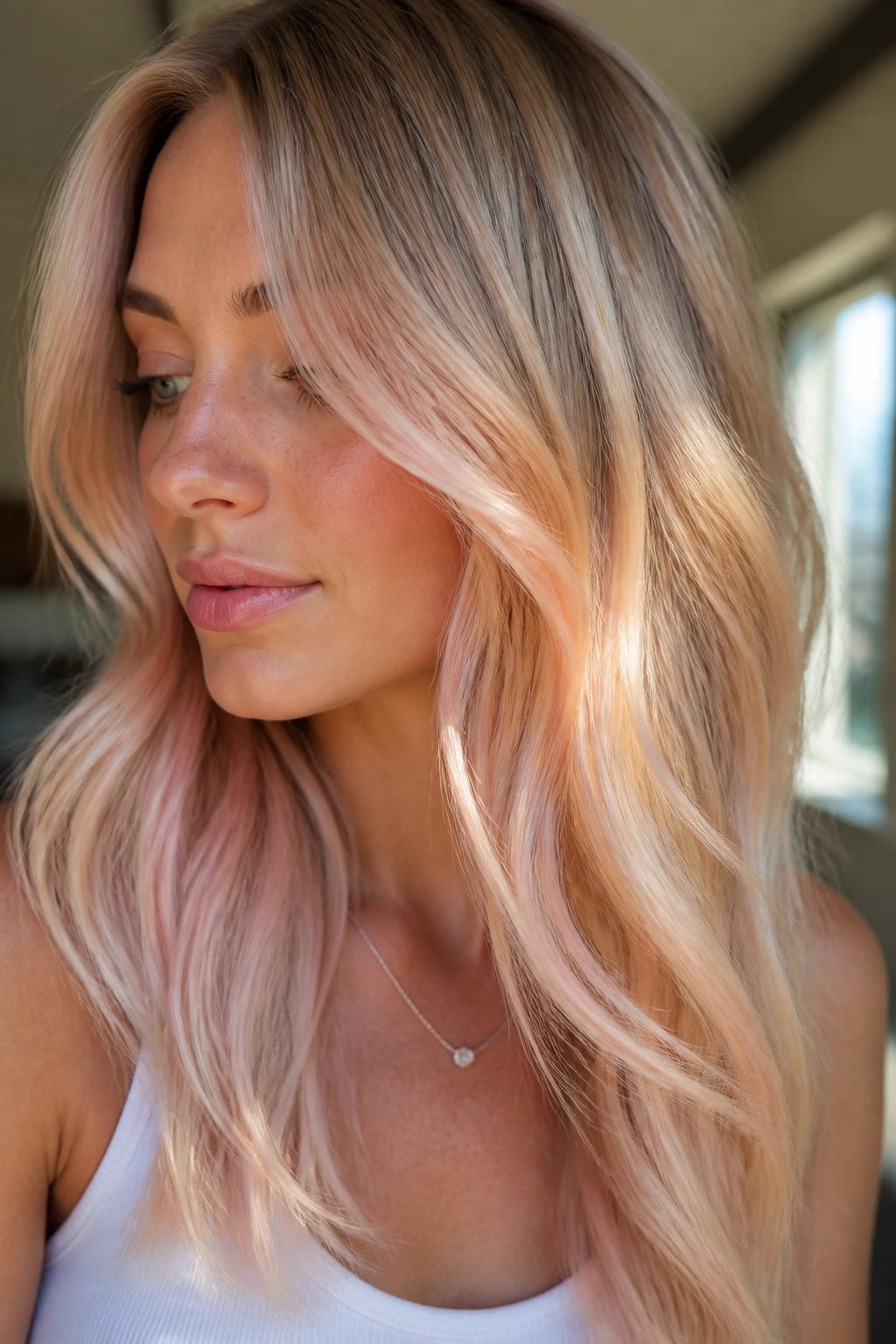 Close-up of a real woman with champagne blonde hair showing a pale peach reflection.