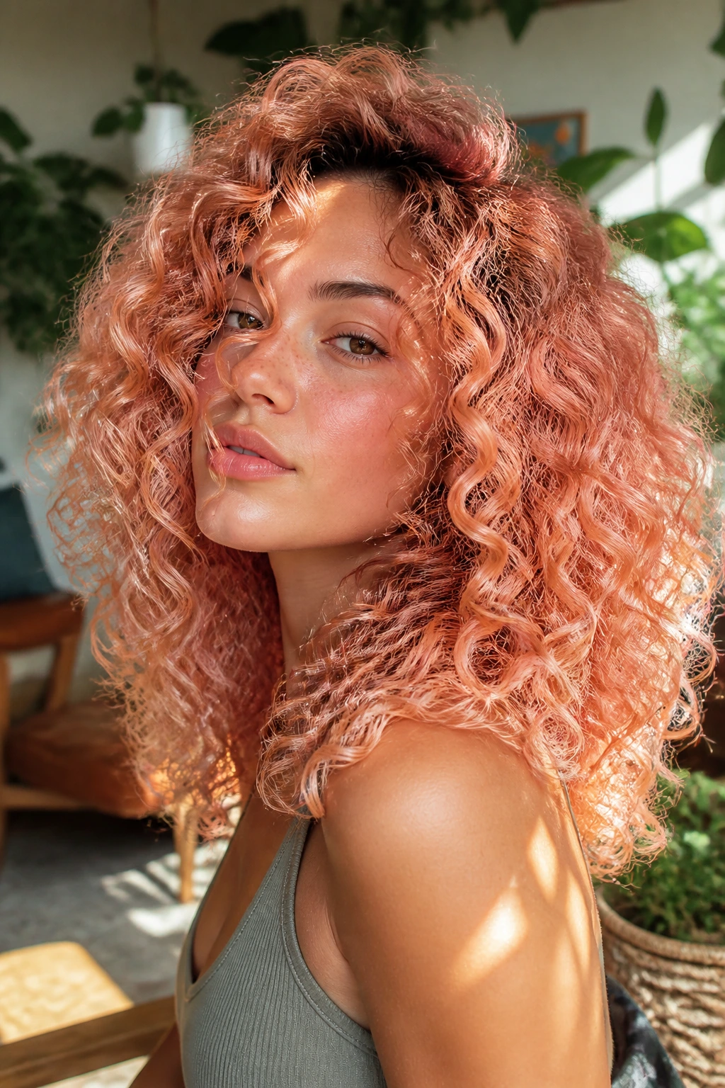 Close-up of peach rose gold curls on a real woman