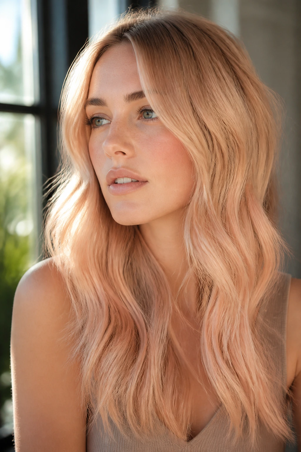Real woman with peach-soft blonde balayage hair in sunlight