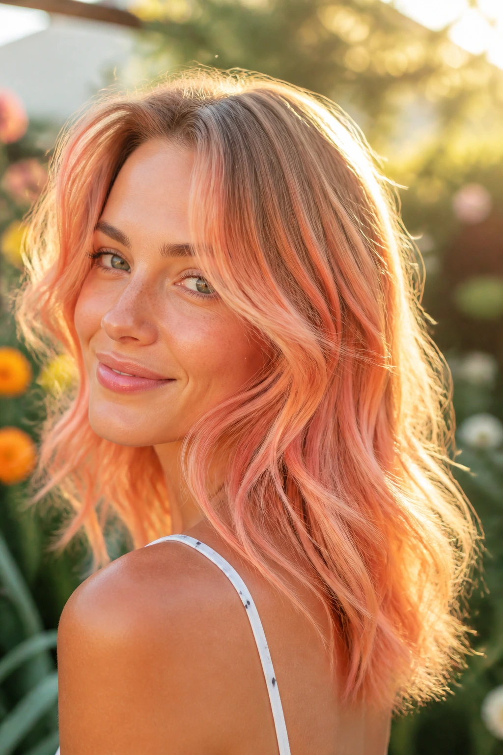 Close-up of a real woman displaying peach sorbet balayage in soft waves