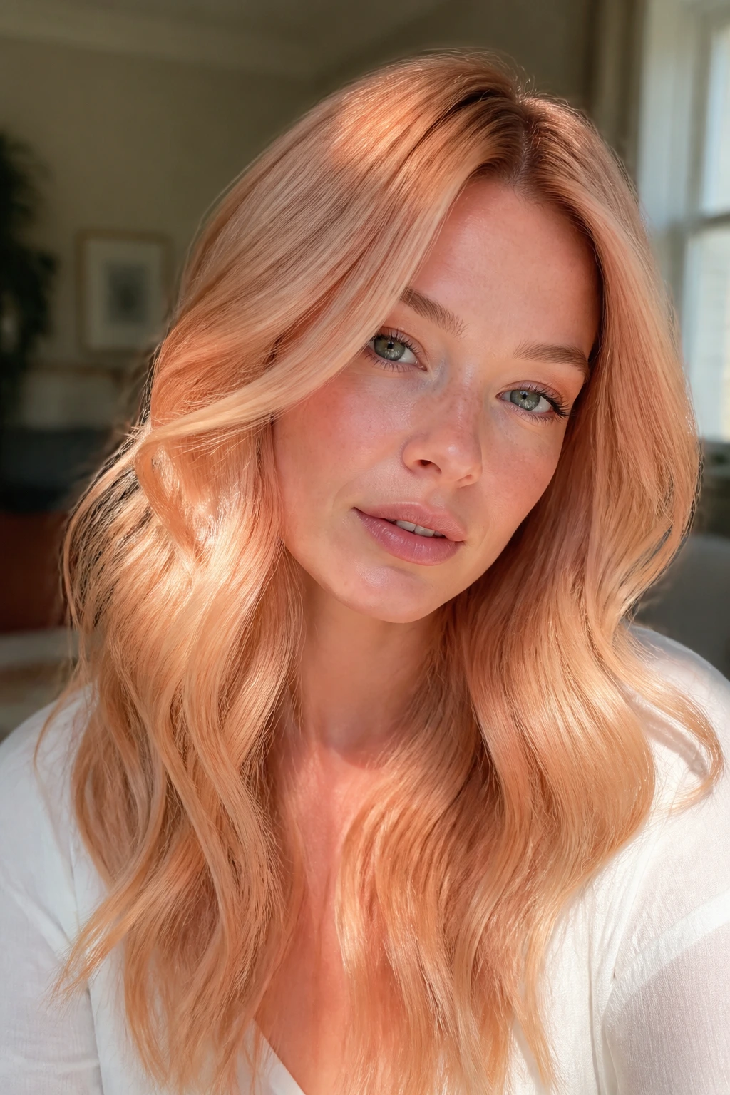 Close-up of a real woman with peach sorbet strawberry blonde hair and glossy warm tones.