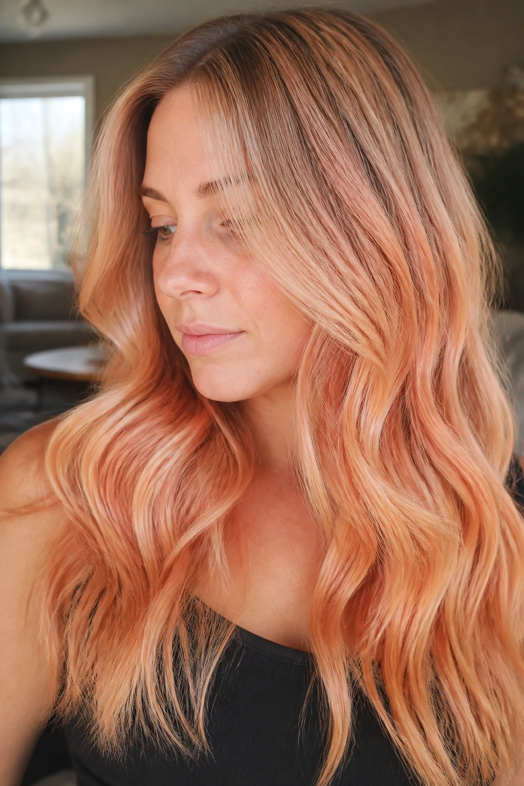 Close-up of real woman's hair in Peach Tea Melt with beige roots, peach mids, apricot ends