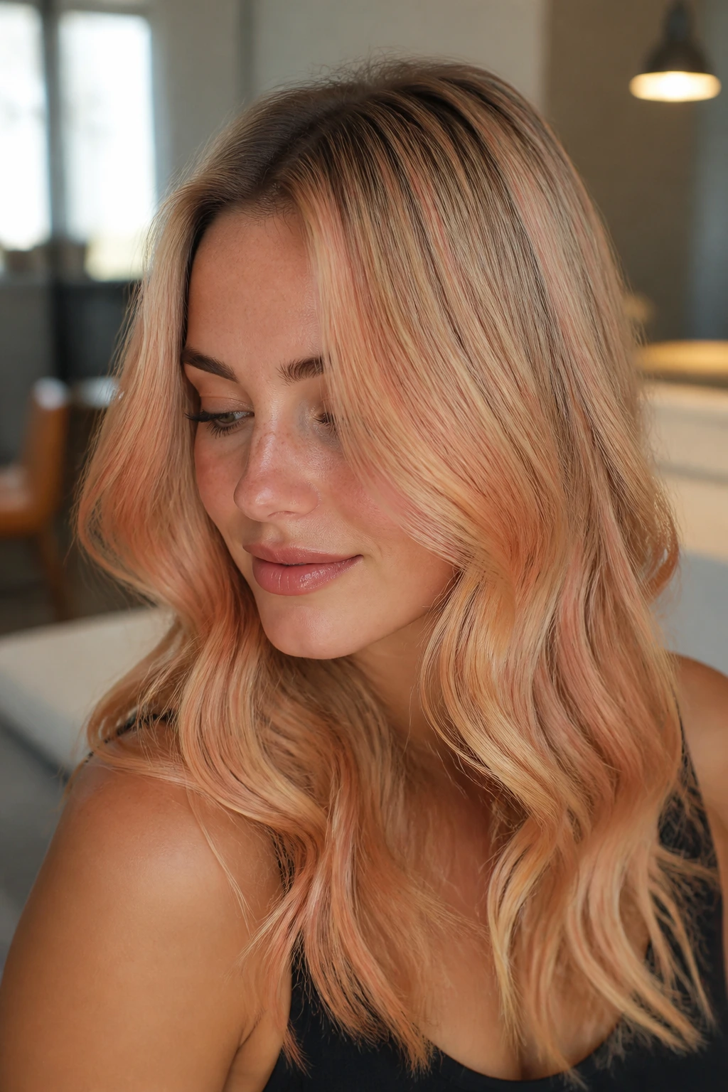 Close-up of a real woman with peachy babylights on warm blonde hair.