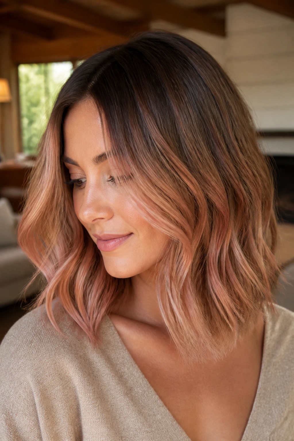 Close-up of a real woman's shoulder-length peachy beige balayage hair framing the face