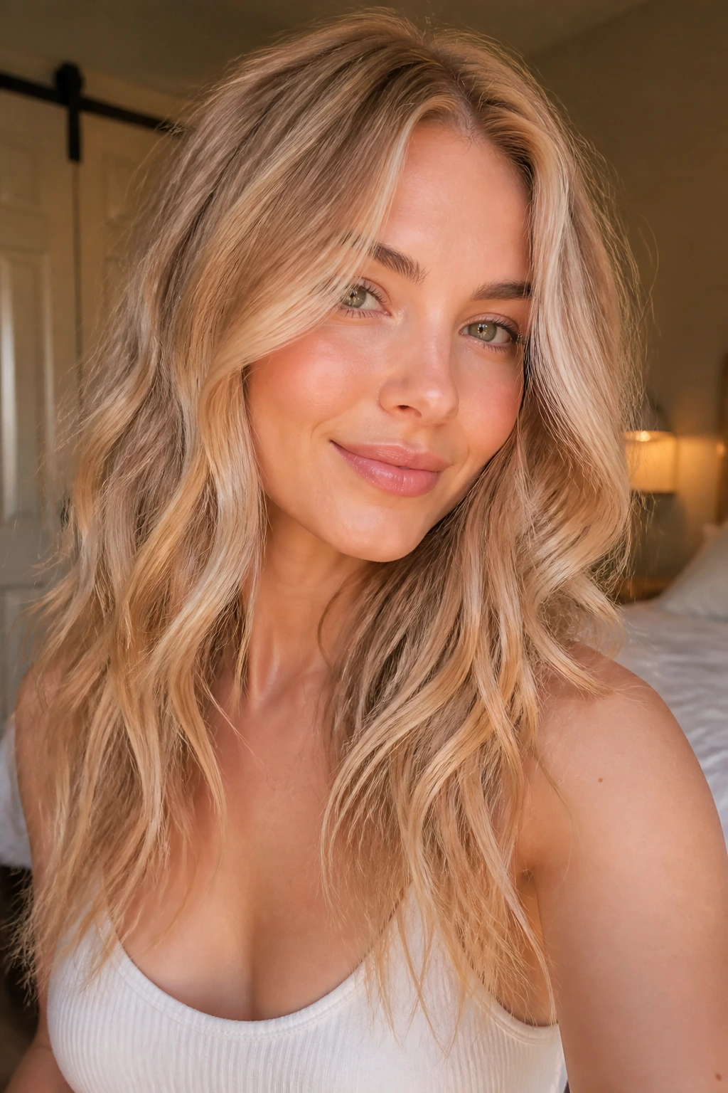 Close-up portrait of a real person with Peachy Beige Butter Blonde hair and warm skin.