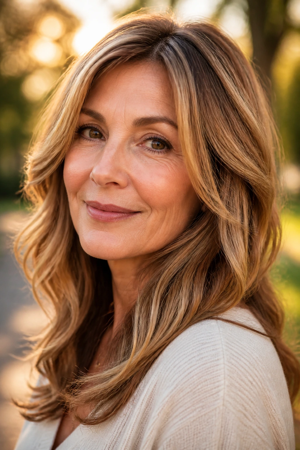 Close-up of a woman with peachy beige highlights on warm-toned hair in golden hour light.