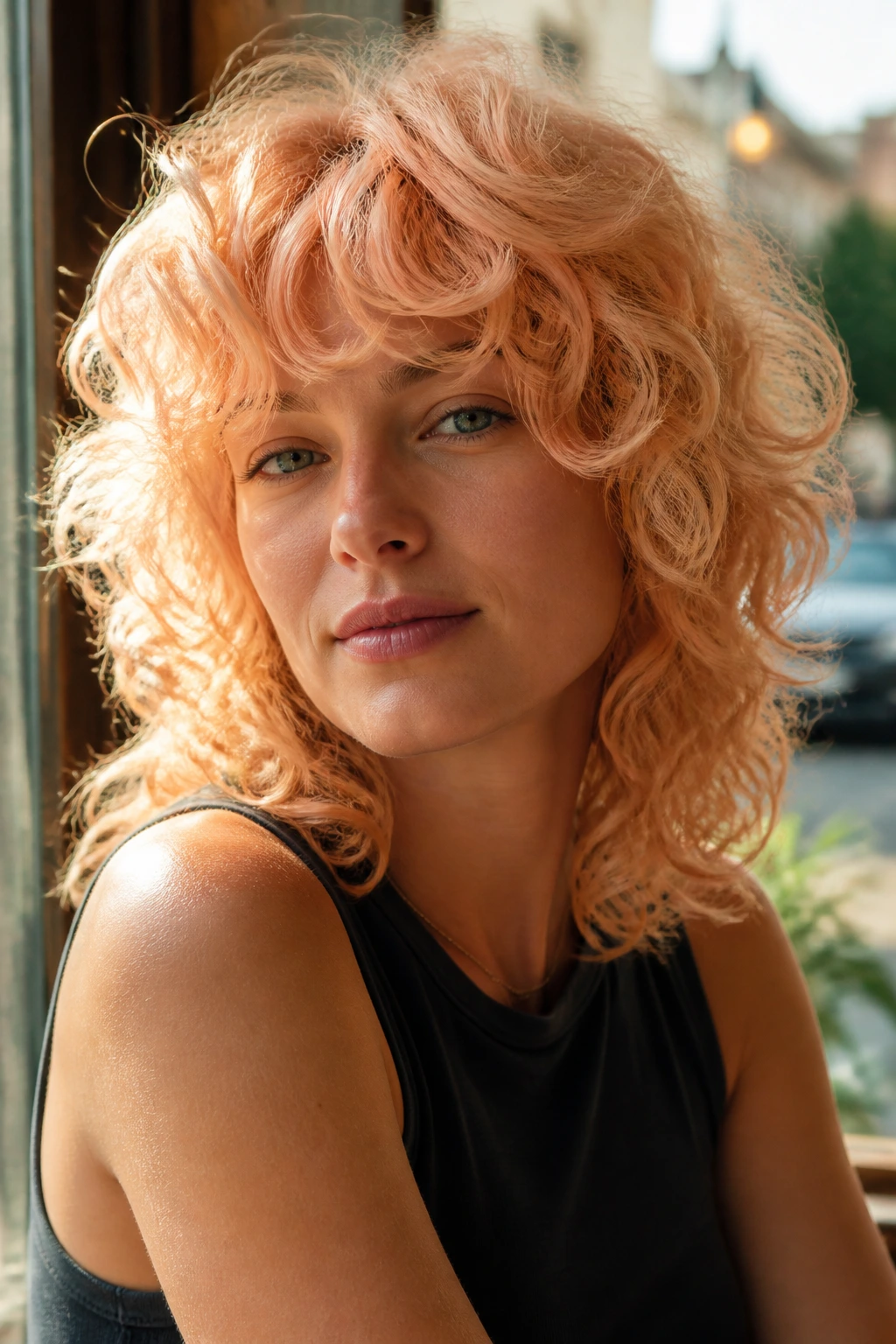 Close-up of real woman with peachy blonde curly shag and lifted curls.