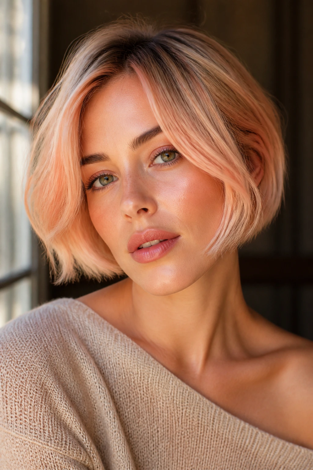 Close-up portrait of a real person with peachy blonde flicks forming a soft front frame