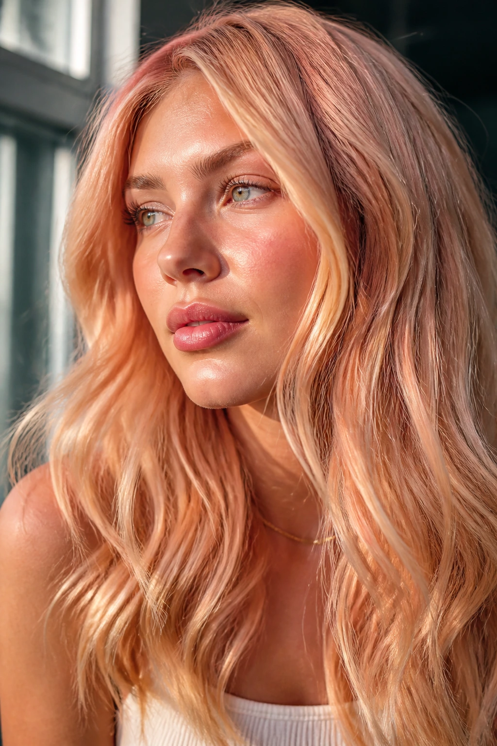 Close-up of a real woman with peachy blonde hair in warm window light